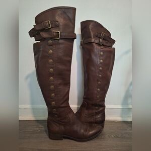 Sam Edelman Brown Thigh-High Leather Boots with Buckle Detail